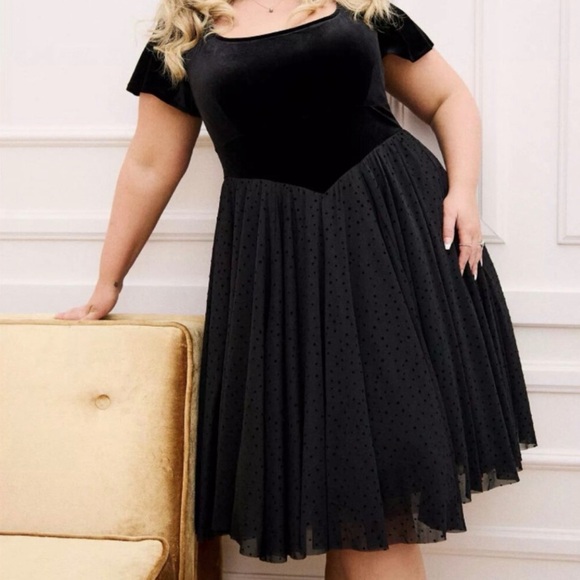 Retro Chic Dresses & Skirts - Torrid Retro Chic Black Velvet Dress with Polka Dot Skirt